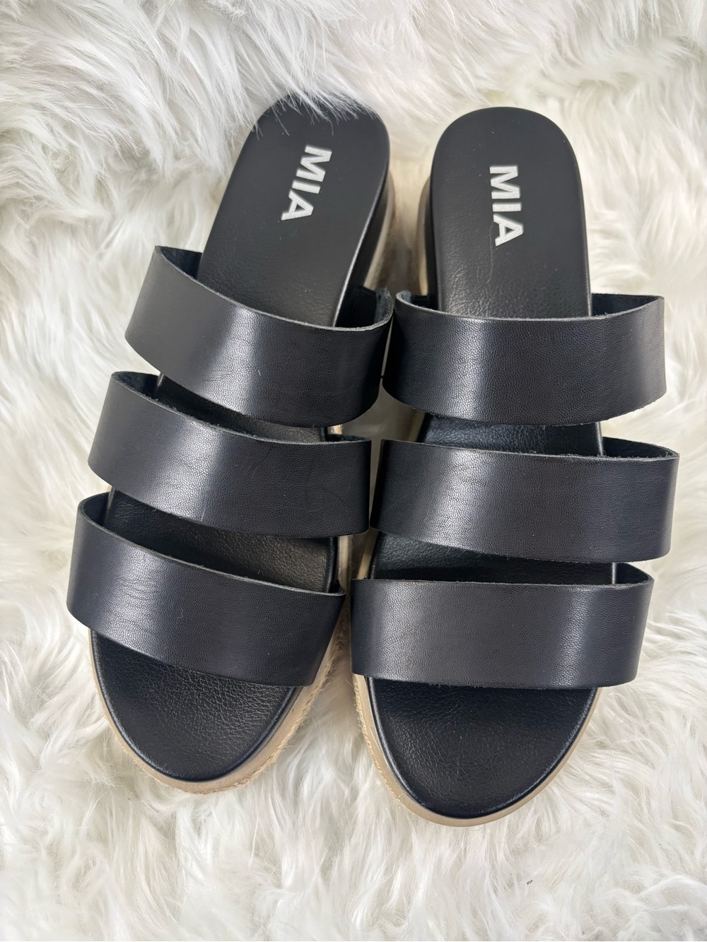 MIA Black Triple-Strap Slide Sandals with Espadrille Trim Elie Stylish Wedge
